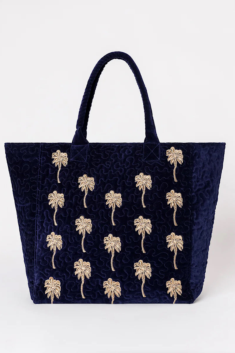 gold palm velvet tote bag