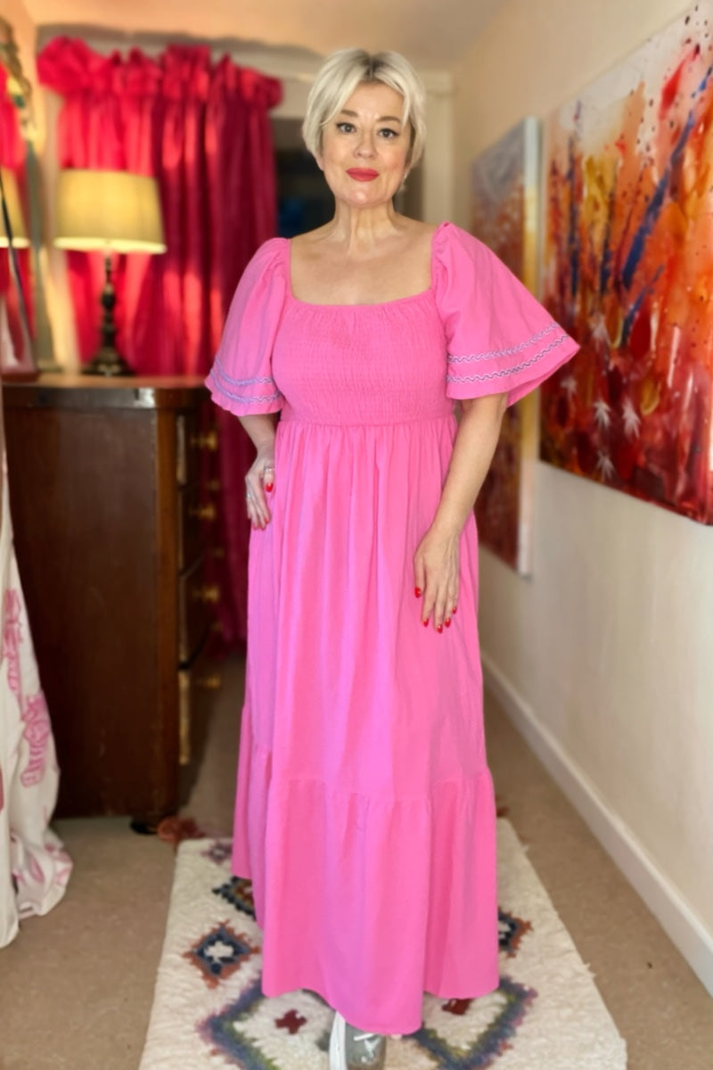 Pink Cotton Shirred Maxi Dress