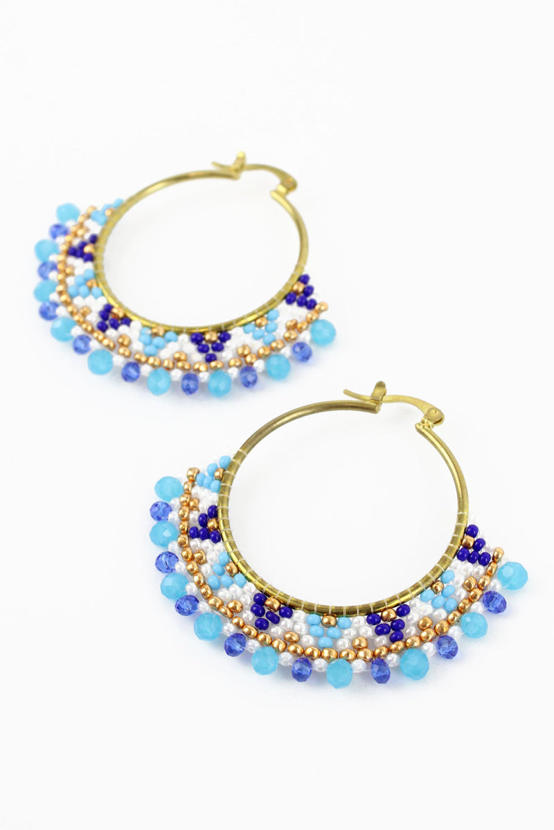 blue round beaded hoop earrings