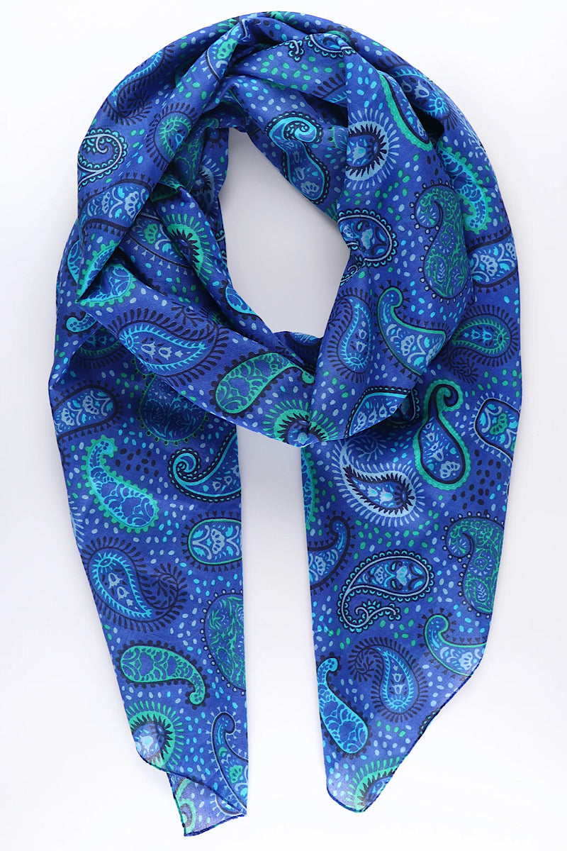 lightweight blue paisley print scarf