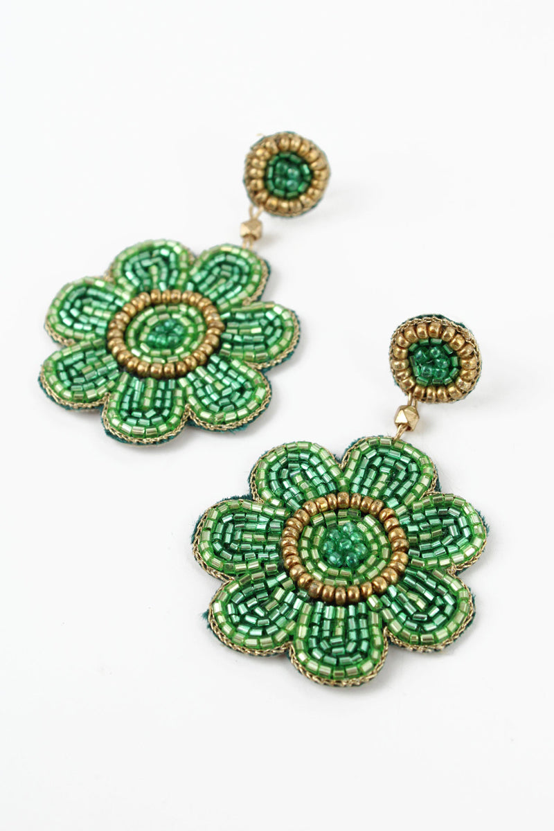 green floral beaded earrings