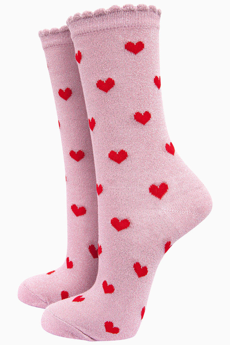 Heart Print Cotton Blend Glitter Socks