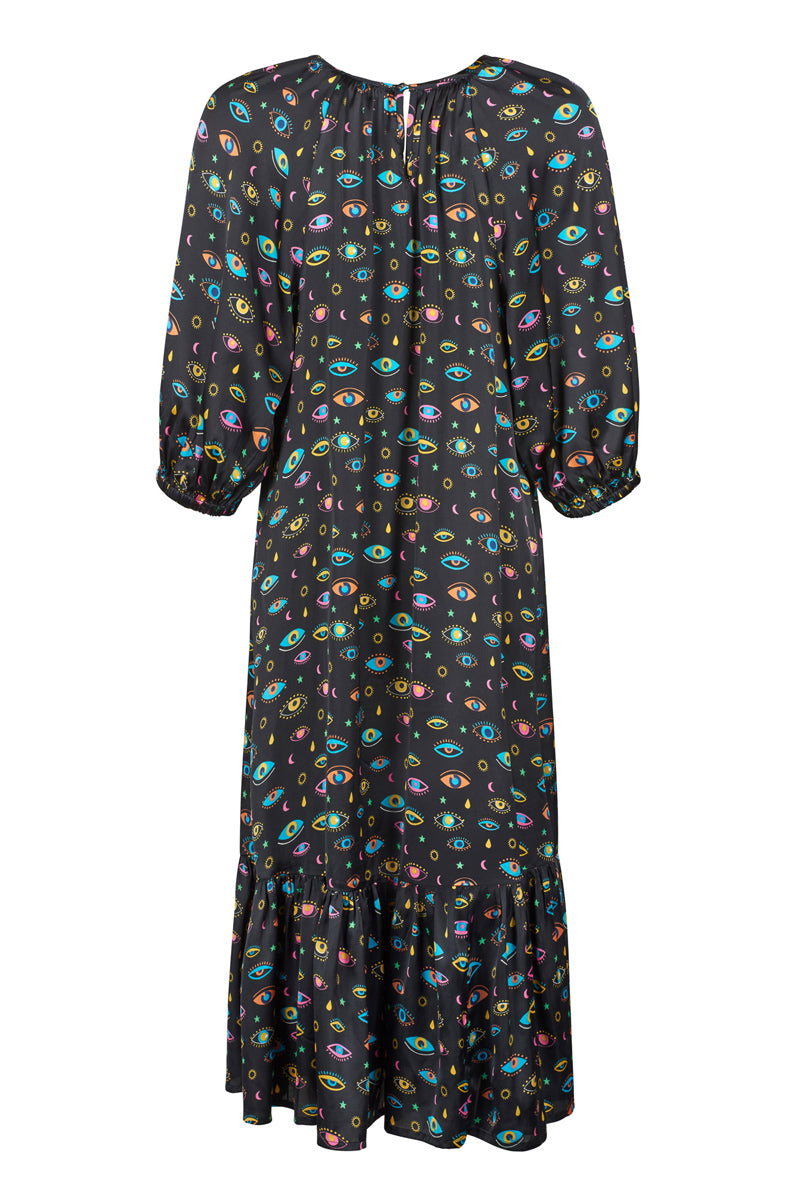 Constellation Eye Print Satin Dress with Pockets