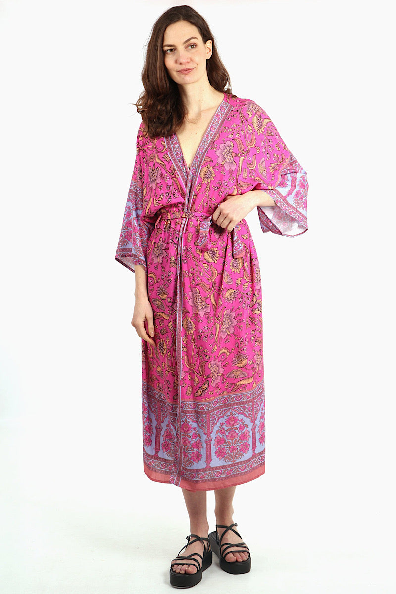 Pink Vintage Floral &amp; Butterfly Long Kimono