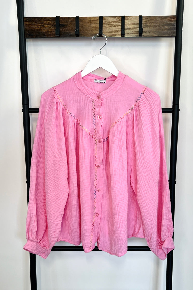 pink cheesecloth rainbow stitch shirt