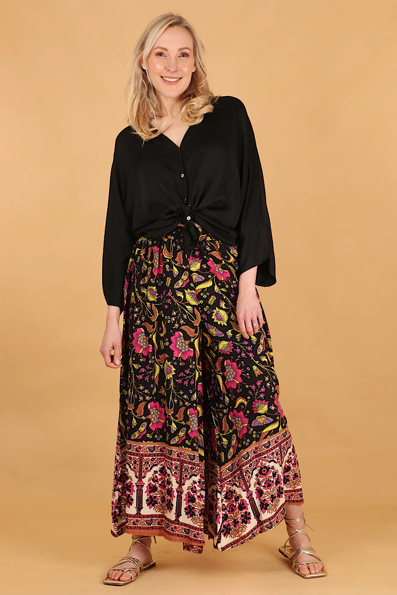 Black Vintage Floral &amp; Butterfly Palazzo Trousers